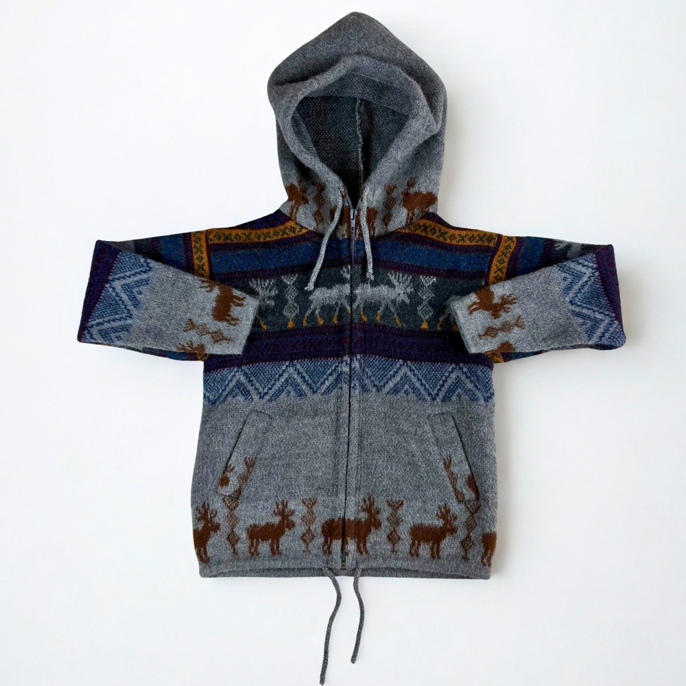 Artesanias Tuntaquimba Wool‎ Hoodie Kids Size 4 Gray Moose Print Nordic Sweater